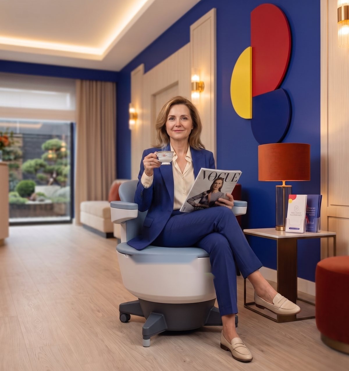 Pacjentka pijąca herbatę i czytająca magazyn podczas zabiegu na fotelu Emsella w gabinecie Serafin Med Club